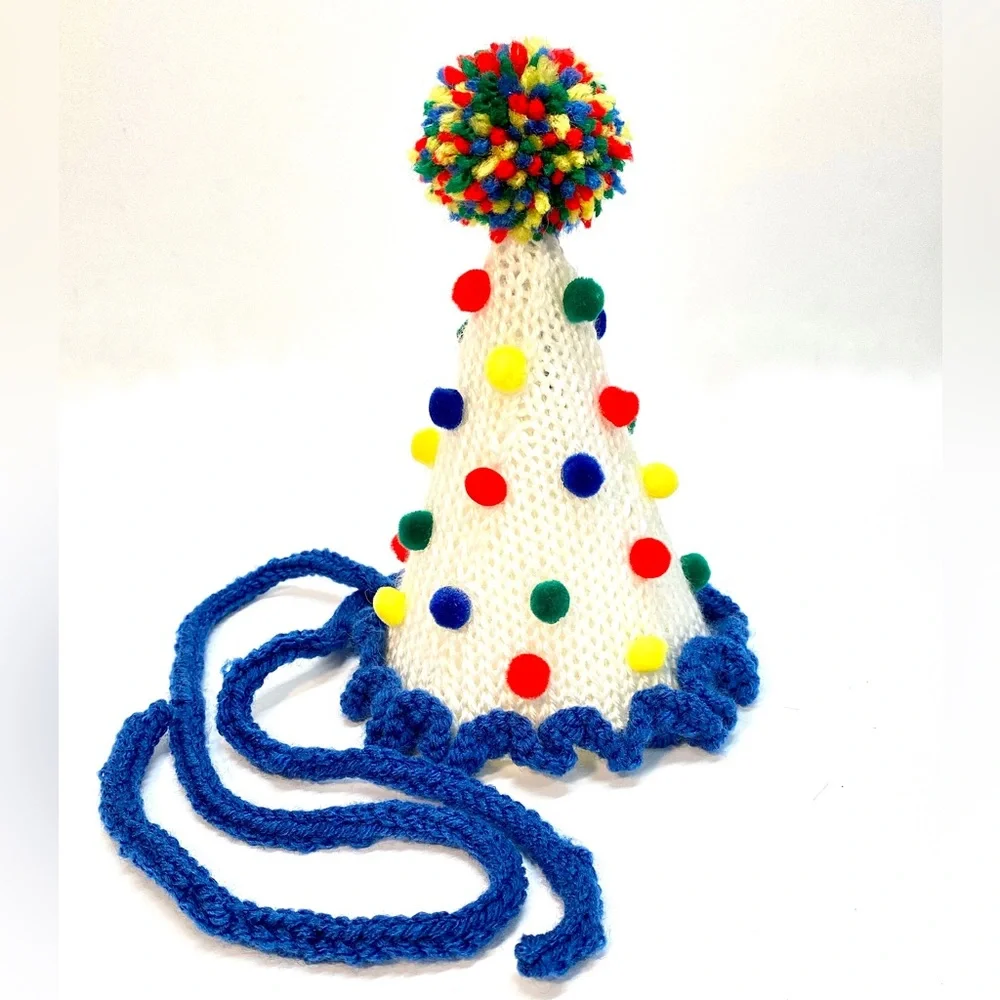 NWT Hand Knit Party Hat in Primary Colors with Neck Tie size Fits Most